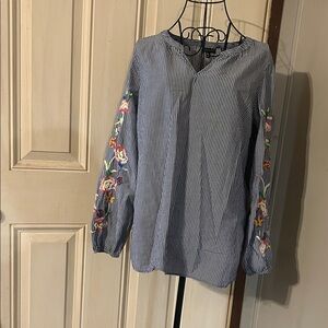 Talbots Blue Striped Blouse with Floral Embroidery